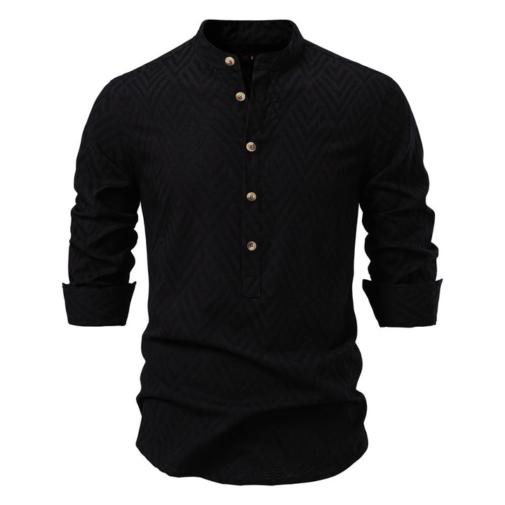 Men's jacquard shirt with stand-up collar, half button placket, and wood-look buttons StylebySassy