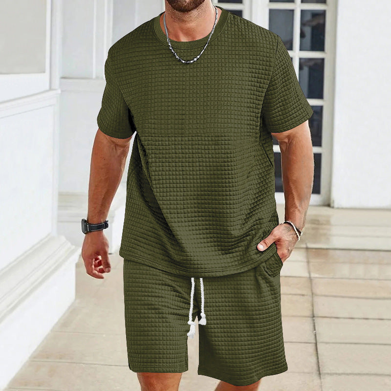 Men's waffle structure lounge and leisure set with wide-cut short-sleeve shirt and shorts with elastic waistband StylebySassy