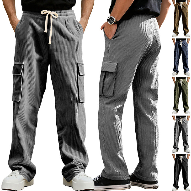 Men's casual corduroy cargo pants with elastic drawstring waist, straight leg, and flap pockets StylebySassy