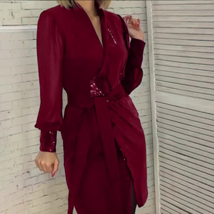 Women's tailored wrap dress with semi-transparent puff sleeves, subtle sequin trim and tie belt StylebySassy