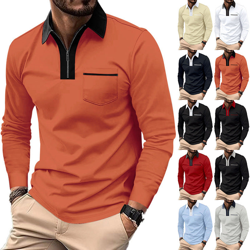 Men's elegant long-sleeve polo shirt with distinctive stand-up collar metal short zip and chest pocket StylebySassy
