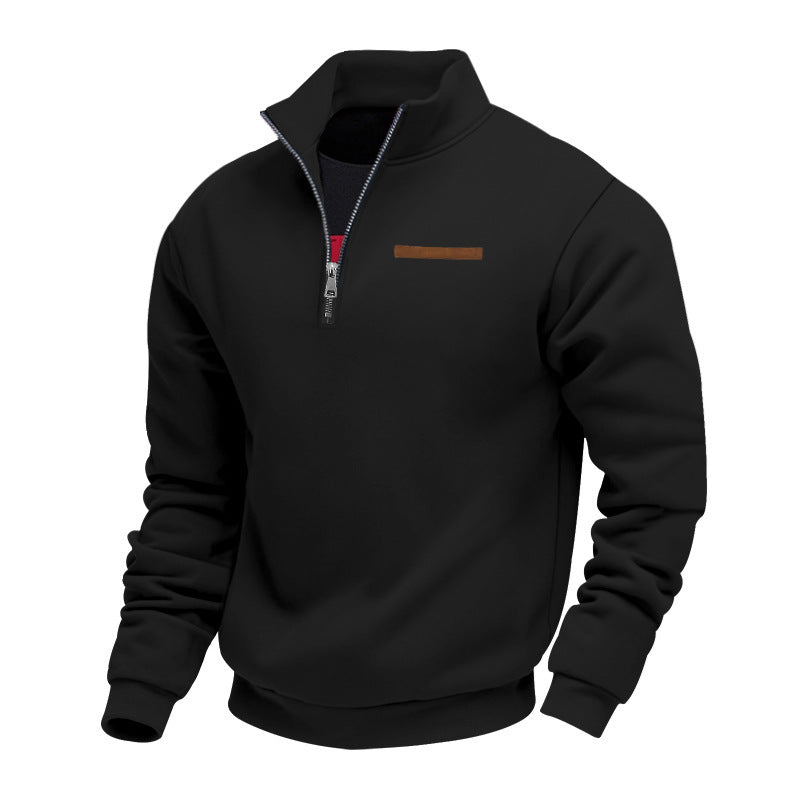 Men's half-zip sweatshirt made of heavy fleece with stand-up collar and concealed chest pocket StylebySassy