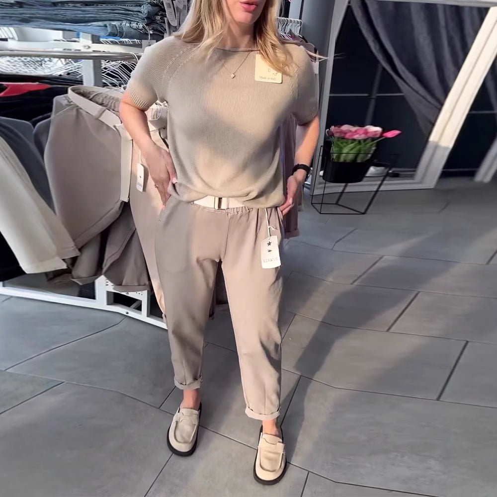 Women's casual cotton chinos with elastic comfort waistband, cuffs, and decorative belt StylebySassy