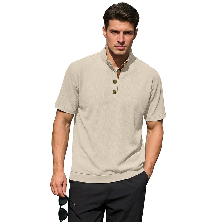 Men's Waffle Structure Short Sleeve Henley with Stand-Up Collar and Decorative Button Placket StylebySassy