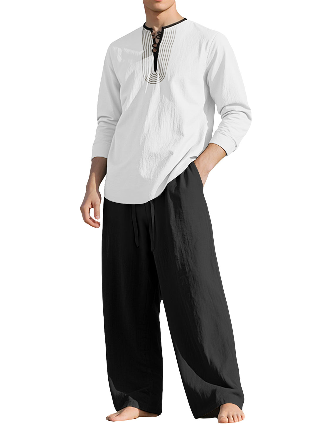 Men's tunic and Palazzo pants set with Henley placket, decorative embroidery and wide cut StylebySassy
