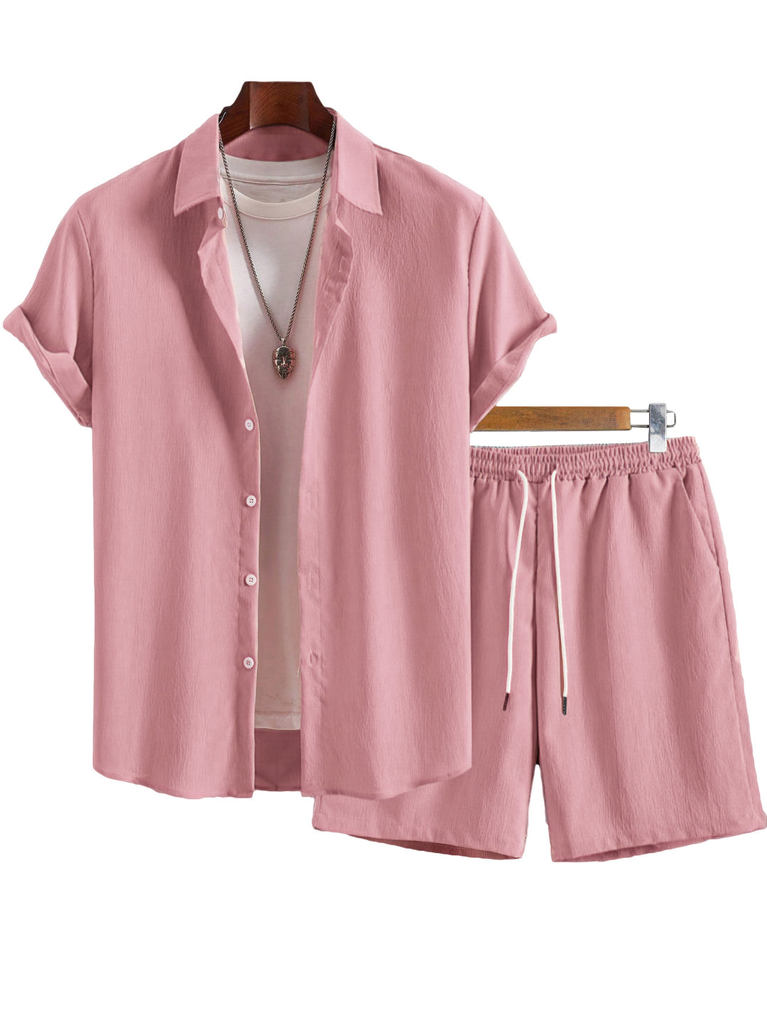 Men's Crinkle Lounge Set with Open Lapel Shirt, Integrated Short Sleeve T-Shirt, and Drawstring Bermuda StylebySassy