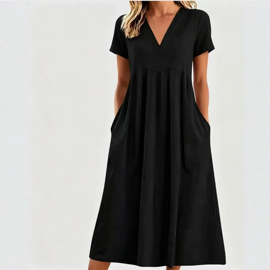 Women nan legeres V-neck midi dress with side pockets and gathered empire seam StylebySassy