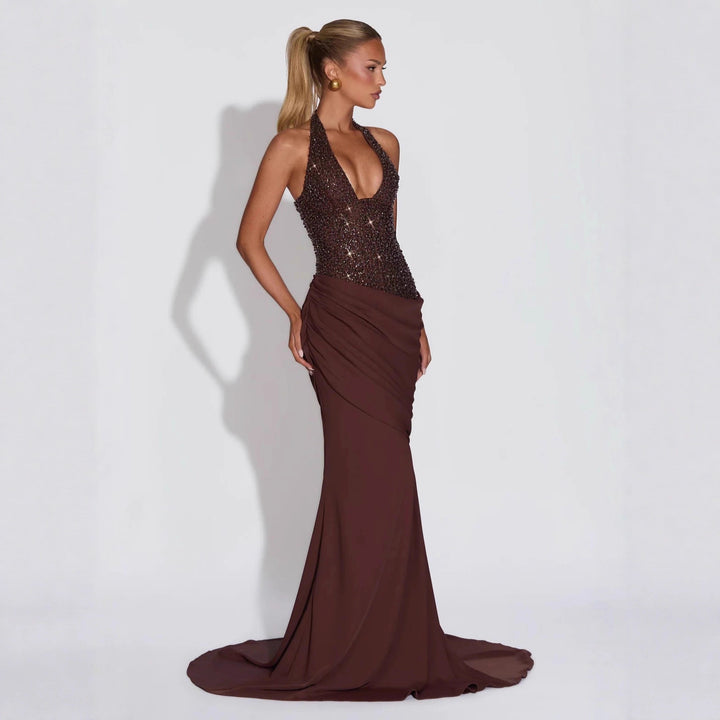 Women Glamorous Evening Dress with Deep V-Neck and Decorative Sequins StylebySassy