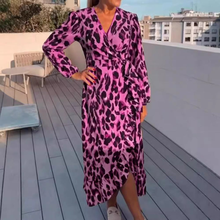 Women’s wrap midi dress with animal print, V-neck, waist belt, and asymmetrical ruffle StylebySassy
