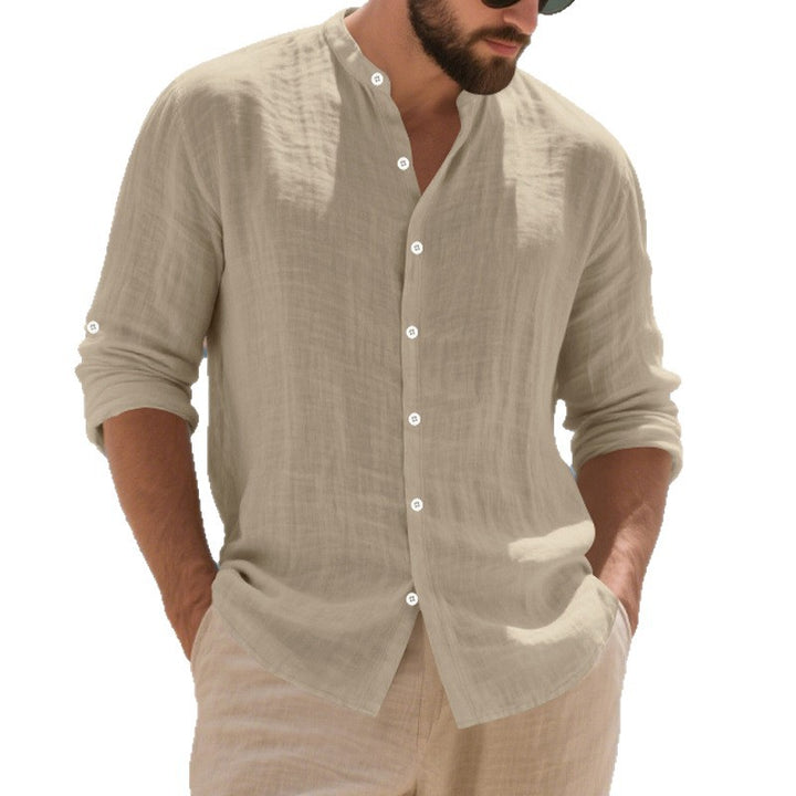 Men's relaxed long-sleeve shirt made of airy linen-cotton blend with Mandarin collar and rounded hem StylebySassy