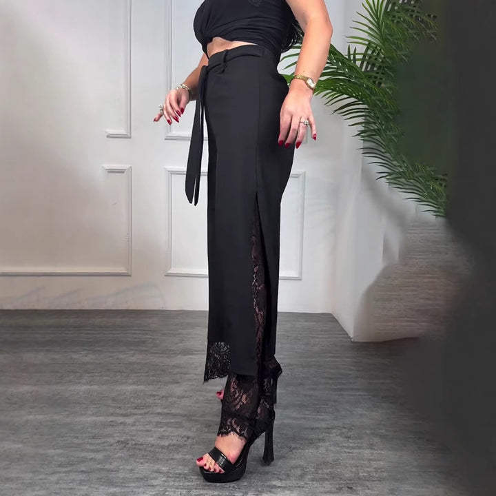 Women high-waisted tailored trousers with side slit, transparent lace underlay and tie belt StylebySassy