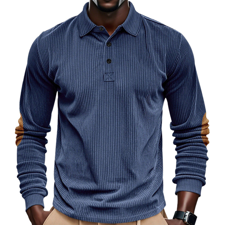 Men's ribbed long sleeve polo shirt with Henley placket and velour-like elbow patches StylebySassy
