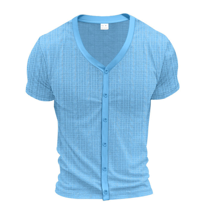 Men's short-sleeve fine knit cardigan with V-neck and continuous button placket StylebySassy