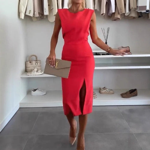 Women's body-hugging sheath dress with distinctive shoulder area and asymmetrical thigh slit StylebySassy
