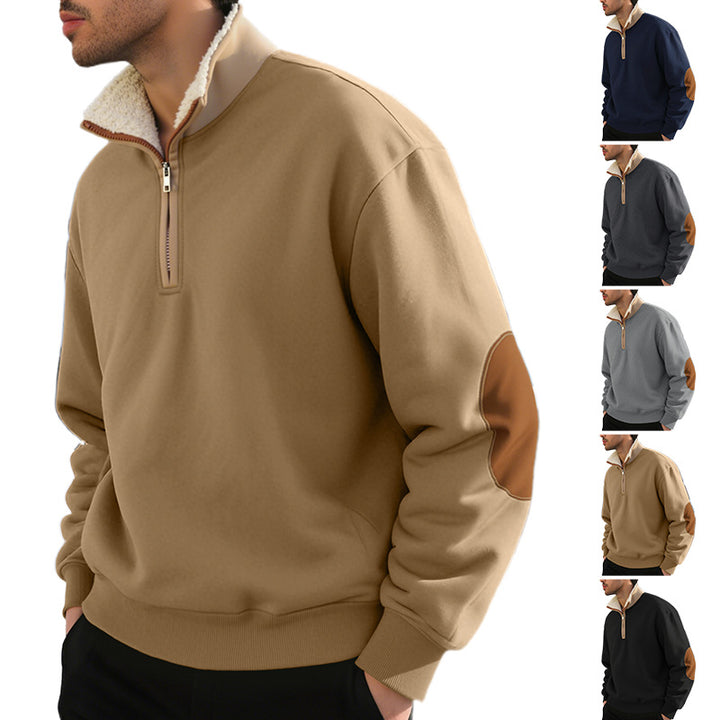 Men's nano lightweight half-zip sweatshirt with sherpa lined stand-up collar and faux leather elbow patch StylebySassy