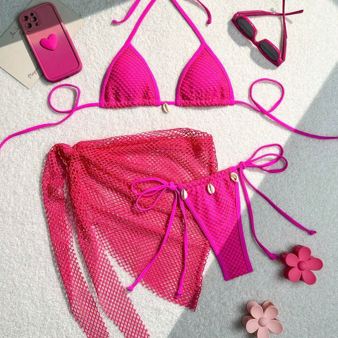 Women's triangle bikini with transparent mesh fabric and lacing details StylebySassy