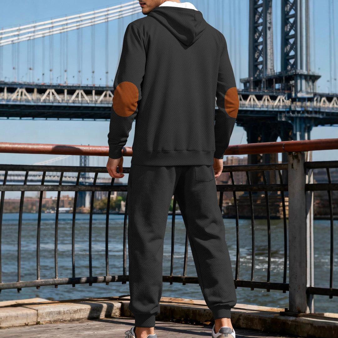 Men's textured hoodie jogging set with Henley button placket and contrast elbow patches StylebySassy