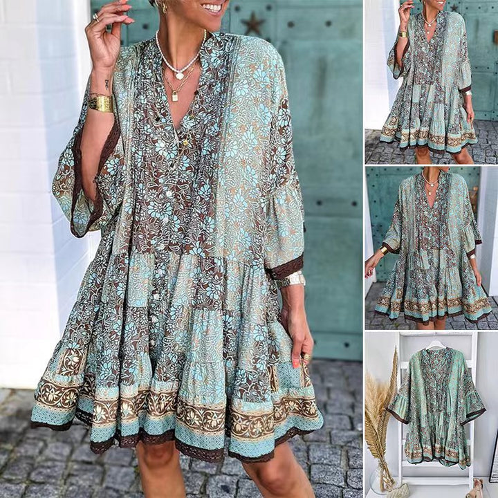 Women's airy Boho tiered dress with V-neck wide batwing sleeves and lace trim StylebySassy