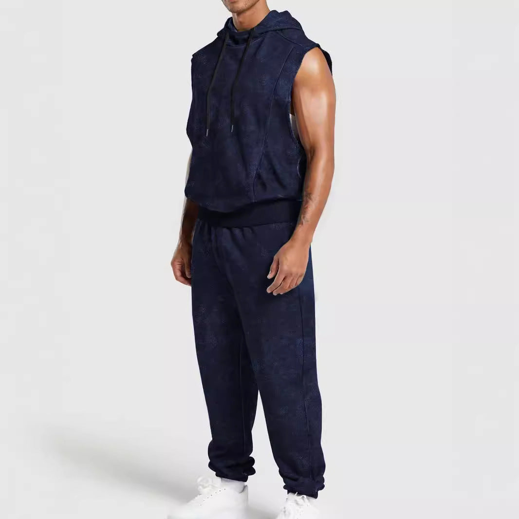 Men's sleeveless hooded sweat set in velour look with elastic joggers and ribbed cuffs StylebySassy