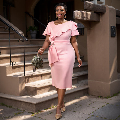 Ladies fitted dress with ruffle details and belt StylebySassy