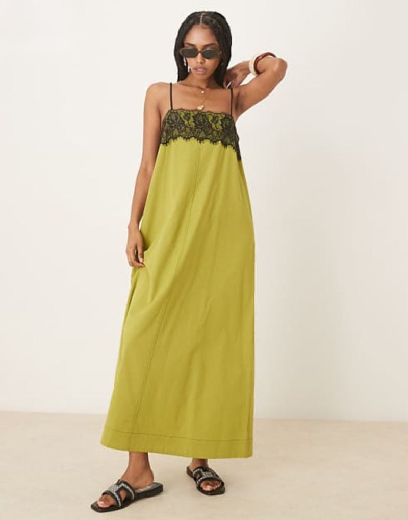Women's nightgown inspired maxi dress with lace bustier and narrow spaghetti straps StylebySassy