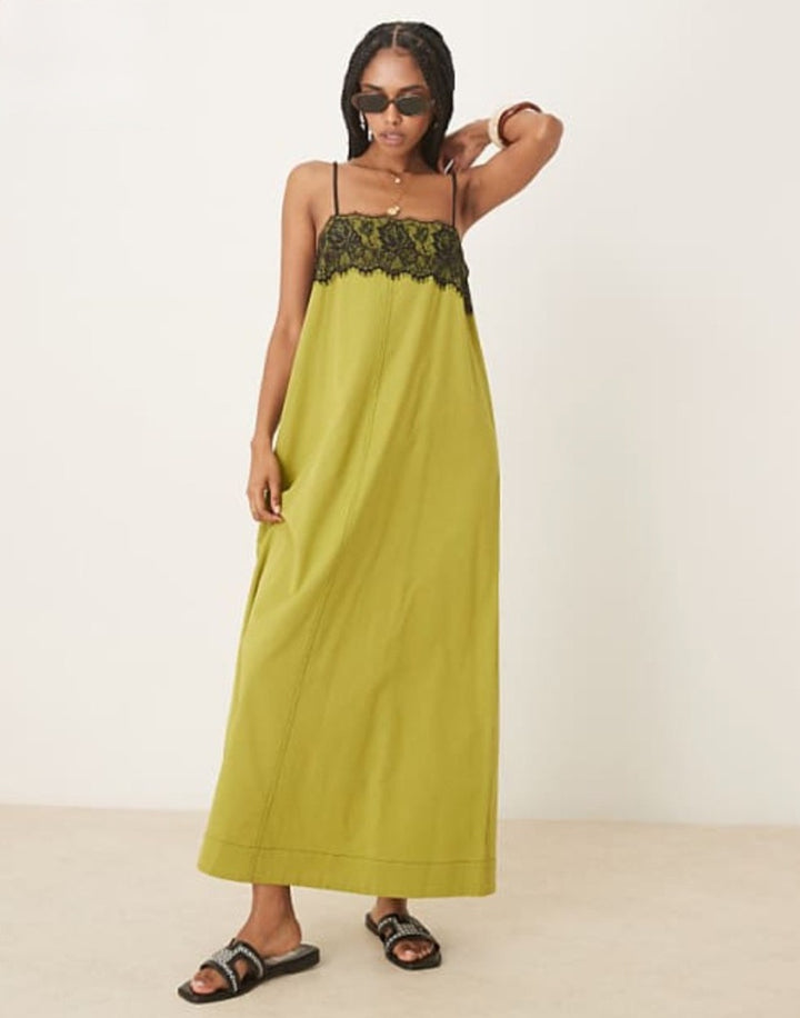 Women's nightgown inspired maxi dress with lace bustier and narrow spaghetti straps StylebySassy