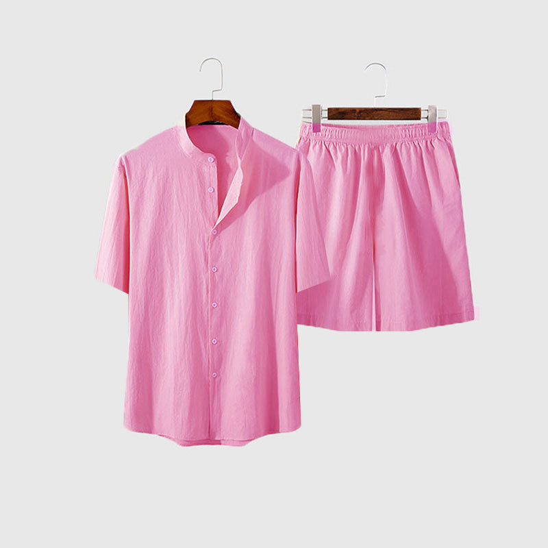 Men's two-piece summer leisure ensemble with open shirt collar and loose knee-length shorts StylebySassy