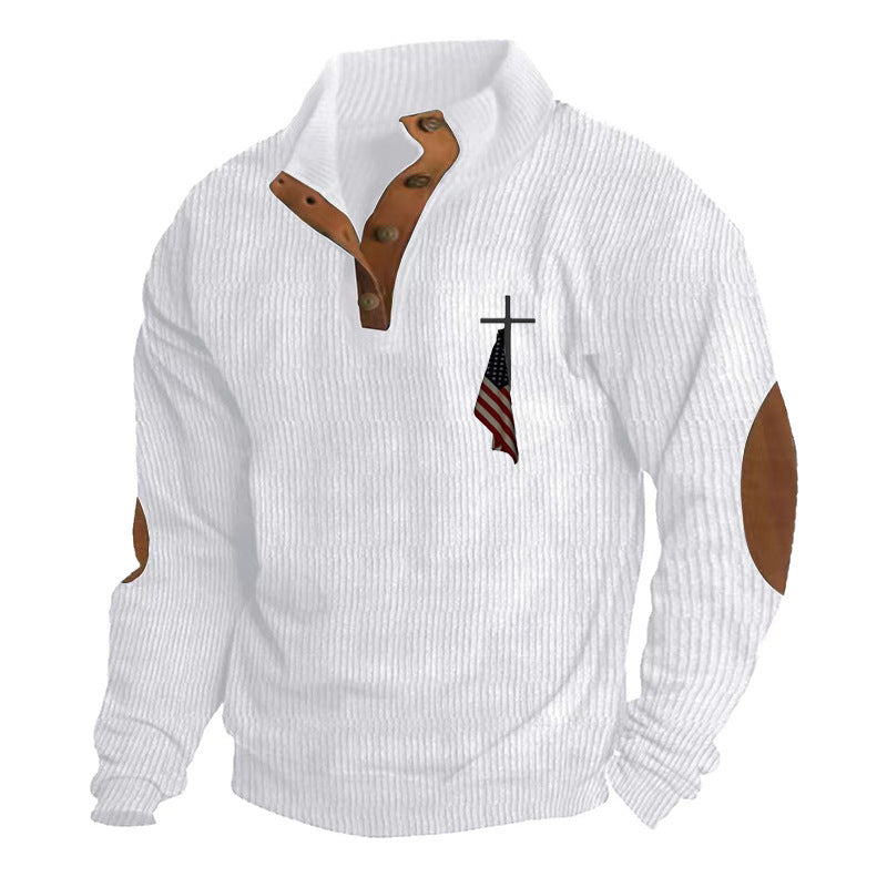 Men's structured troyer with faux leather elbow patches, V-button placket, and discreet emblem StylebySassy