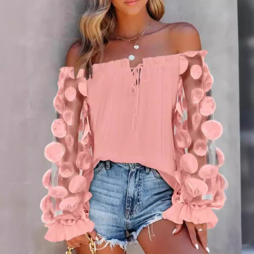 Women off-shoulder Carmen top with transparent organza sleeves, circular appliqués and ruffle cuffs StylebySassy