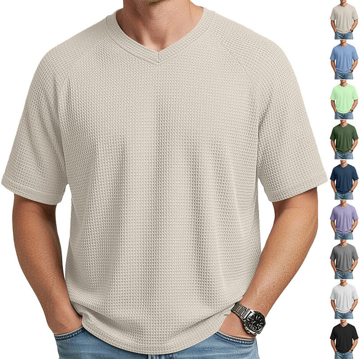 Men's casual V-neck waffle knit T-shirt made of breathable cotton blend StylebySassy