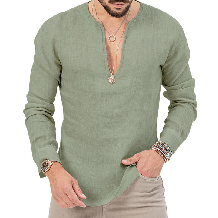 Men's relaxed linen tunic shirt with open slit collar and rounded hem StylebySassy