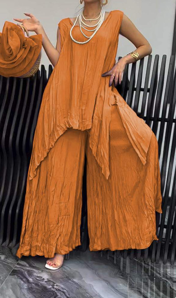 Women two-piece set in airy crinkle look with sleeveless tunic and wide palazzo pants StylebySassy