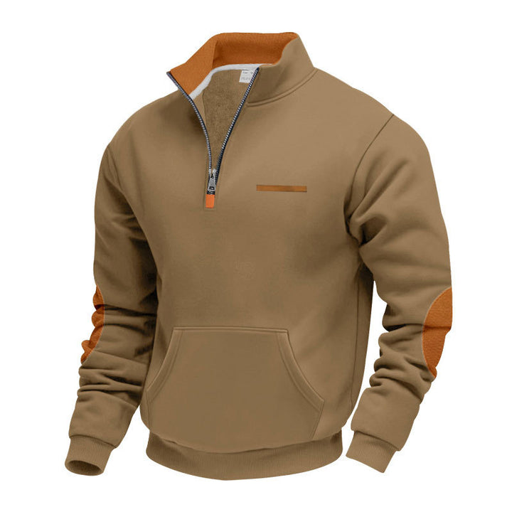 Men's half-zip sweatshirt with stand-up collar, kangaroo pocket, and elbow patches StylebySassy