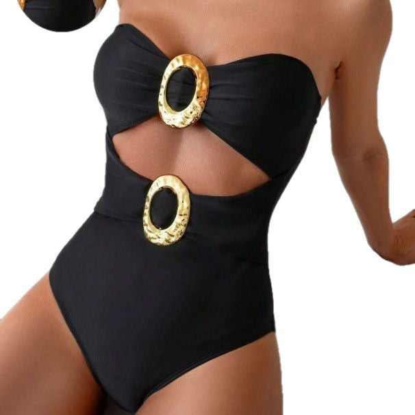 Women's Bandeau Swimwear with Cut-out and Decorative Jewel Element StylebySassy