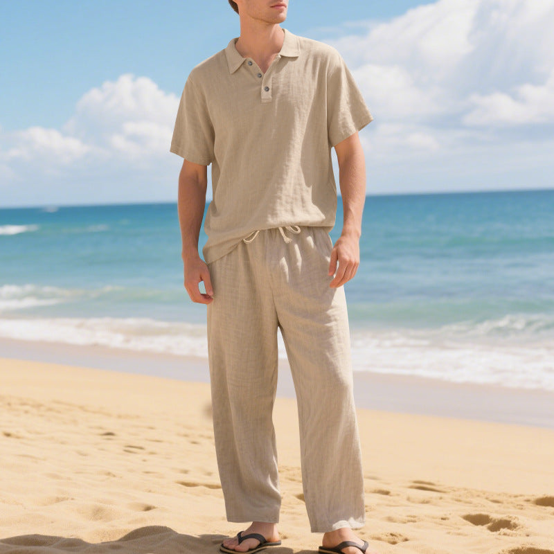 Men's airy linen ensemble with polo collar and adjustable waistband pants StylebySassy