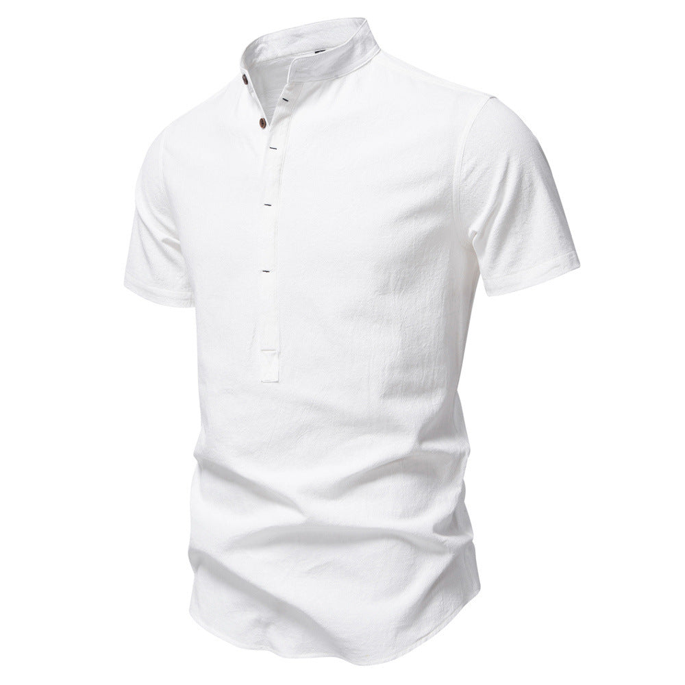 Men's casual short-sleeve shirt with stand-up collar, half button placket, and lightly textured cotton-linen quality StylebySassy