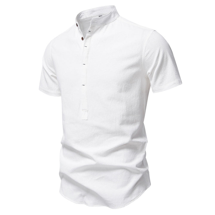 Men's casual short-sleeve shirt with stand-up collar, half button placket, and lightly textured cotton-linen quality StylebySassy