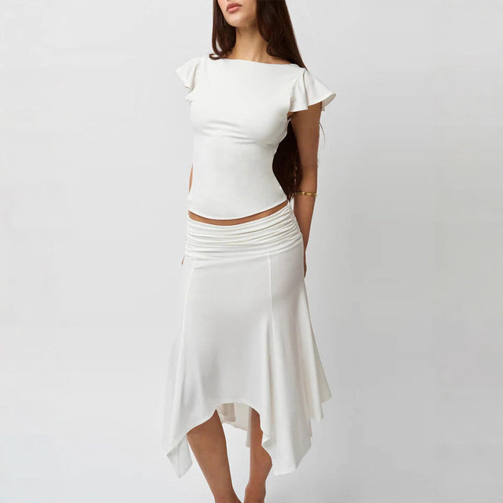 Women's elegant top with ruffle details and asymmetrical skirt StylebySassy
