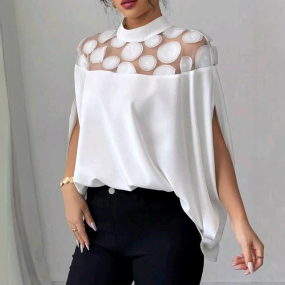 Women’s loose-fitting blouse with transparent round appliqué insert and cape sleeves StylebySassy