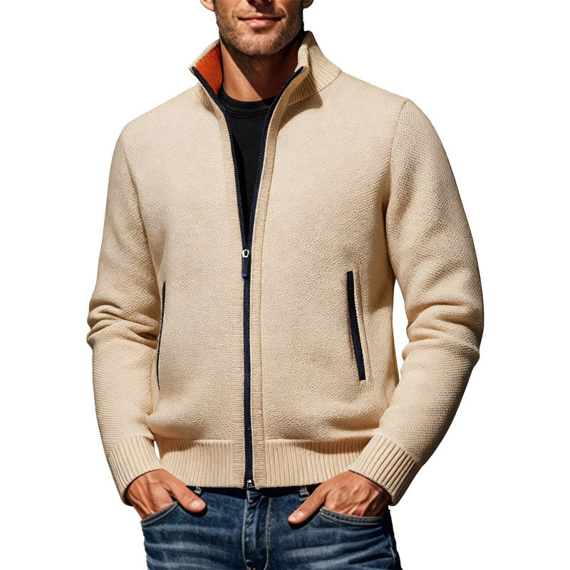 Men's knitted bomber jacket with stand-up collar and two-way zipper StylebySassy