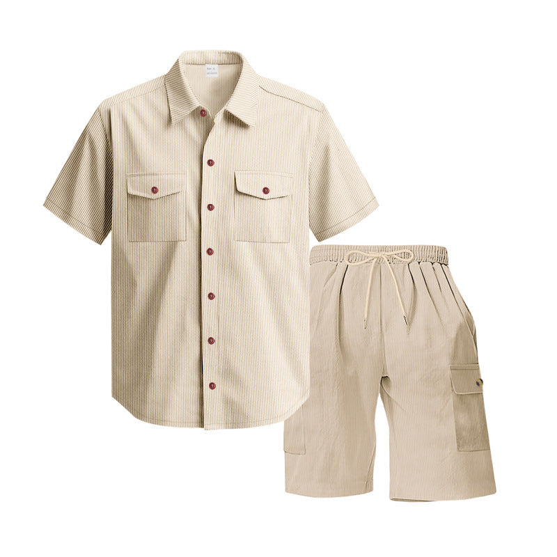 Men's structured short-sleeve shirt and bermuda set with flap pockets and elastic waistband StylebySassy