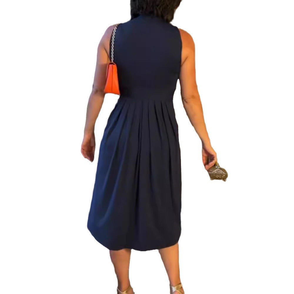 Women's sleeveless V-neck midi dress with underbust seam and flattering pleated skirt StylebySassy
