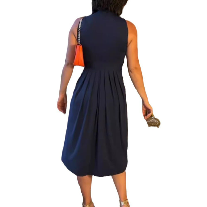 Women's sleeveless V-neck midi dress with underbust seam and flattering pleated skirt StylebySassy