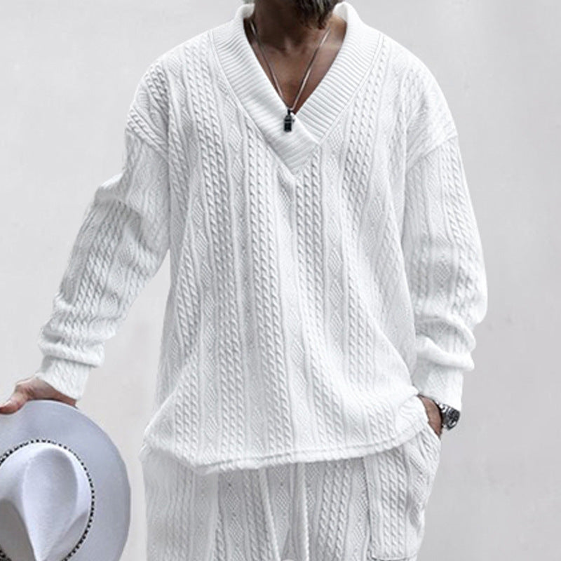 Men's relaxed knit ensemble with deep V-neck and elastic drawstring waistband StylebySassy