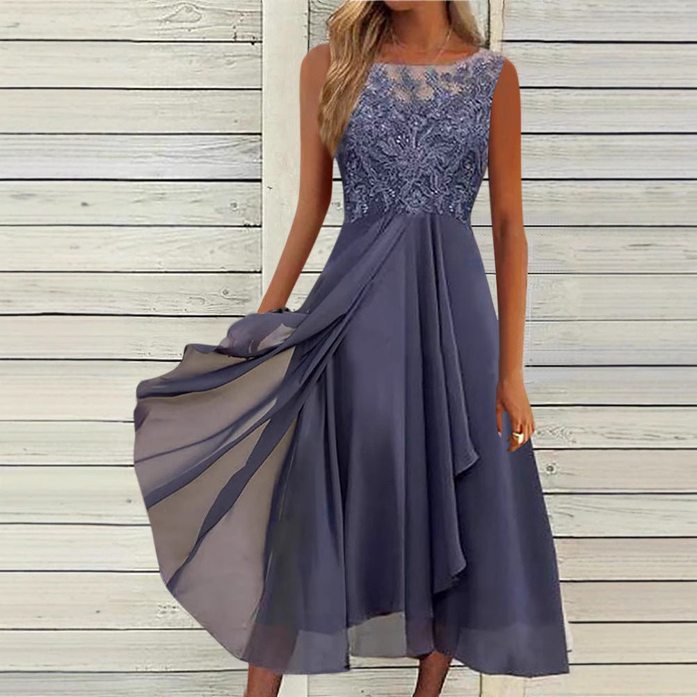 Women's sleeveless chiffon midi dress with embroidered illusion lace, boat neckline, and multilayer flared skirt StylebySassy