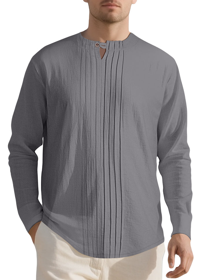 Men's Naan light structured tunic shirt with stand-up collar, pleats and loop button StylebySassy