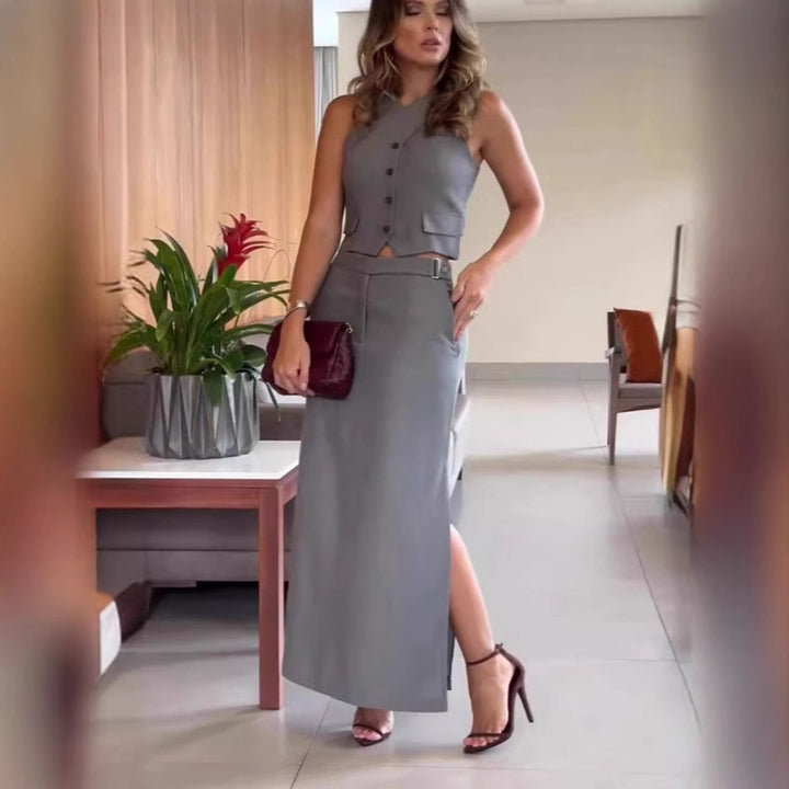 Women's elegant linen blend two-piece set with fitted halter top, button detail, and high-cut maxi skirt StylebySassy