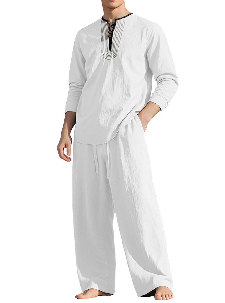 Men's tunic and Palazzo pants set with Henley placket, decorative embroidery and wide cut StylebySassy