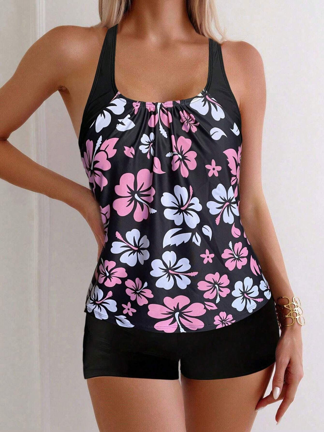Women's Sporty Tankini Set with Floral Accents StylebySassy