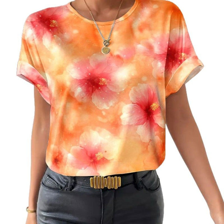 Women's loose short blouse shirt in silky look with watercolor flower print and rolled-up sleeves StylebySassy